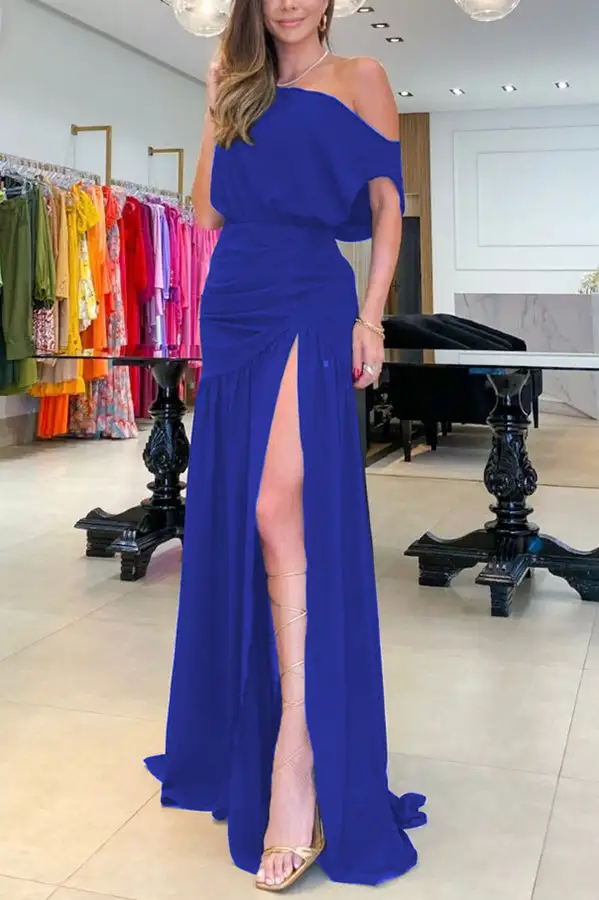 Elegant Ruched One Shoulder Top And Slit Maxi Skirt Set
