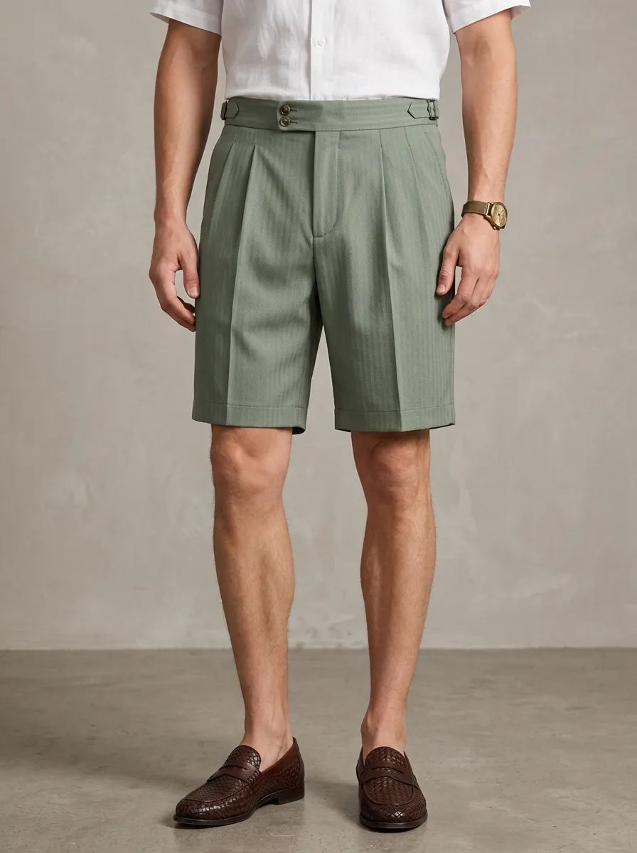 Men's Casual Sage Green Herringbone Pleated Shorts