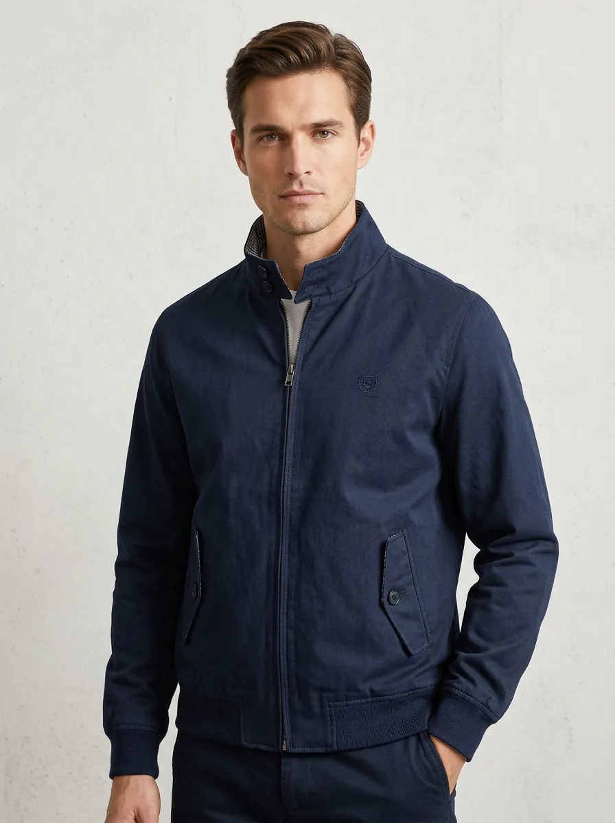 Men's Casual Business Navy Blue Embroidered Logo Zip-Up Jacket