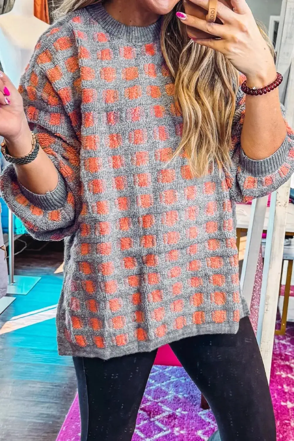 Drop Shoulder Round Neck Plaid Sweater