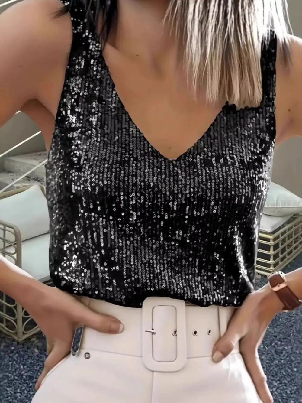 Sequin V Neck Tank Top
