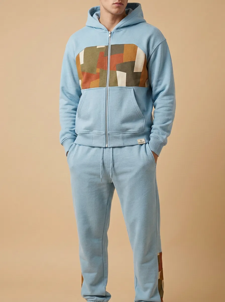 Men's Geometric Pattern Printed Zip-up Hoodie Jogger Set