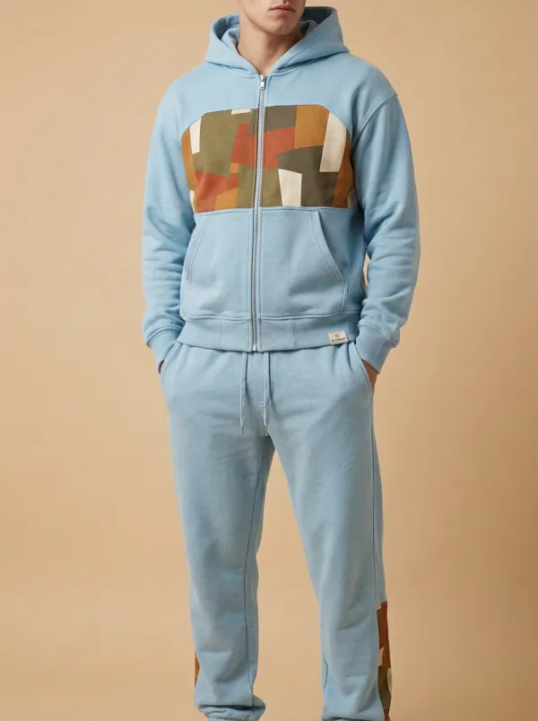 Men's Geometric Pattern Printed Zip-up Hoodie Jogger Set