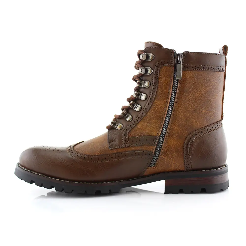 Faux-Leather Embossed Wingtip Combat Boots