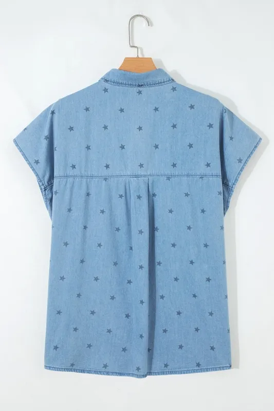 Double Chest Pocket Short-Sleeve Denim Shirt