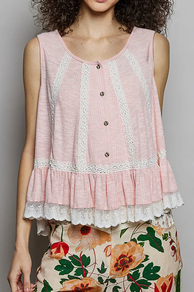 Lace Trim Ruffle Hem Button Detail Round Neck Sleeveless Top
