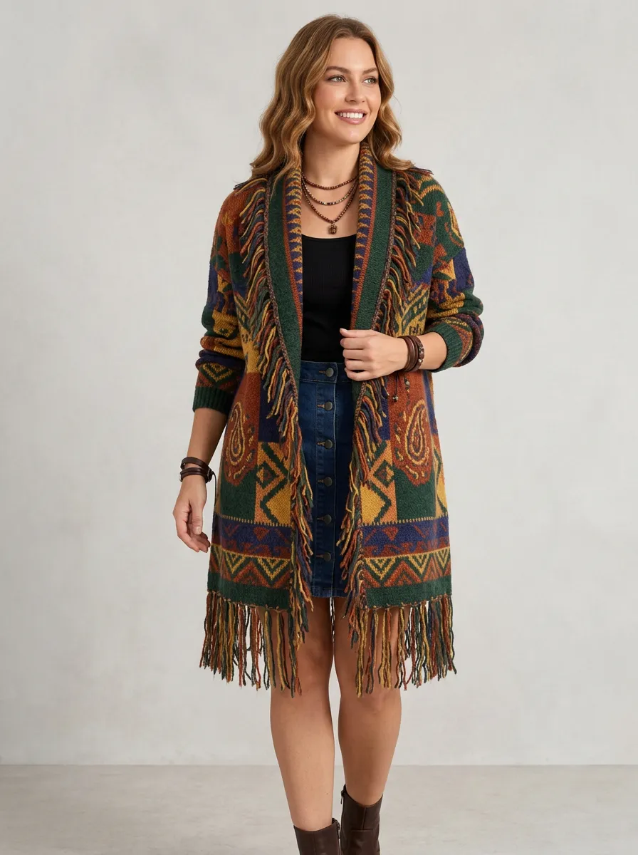 Women's Bohemian Vintage Pattern Fringed Knitted Cardigan
