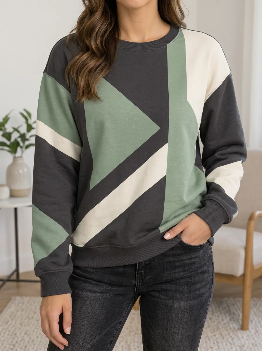 Women's Geometric Colorblock Sage Green Printed Fleece Sweatshirt