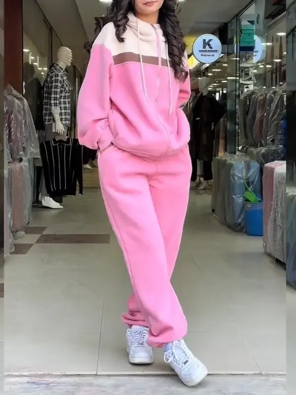 Casual Hooded Contrast Sweatshirt Suit