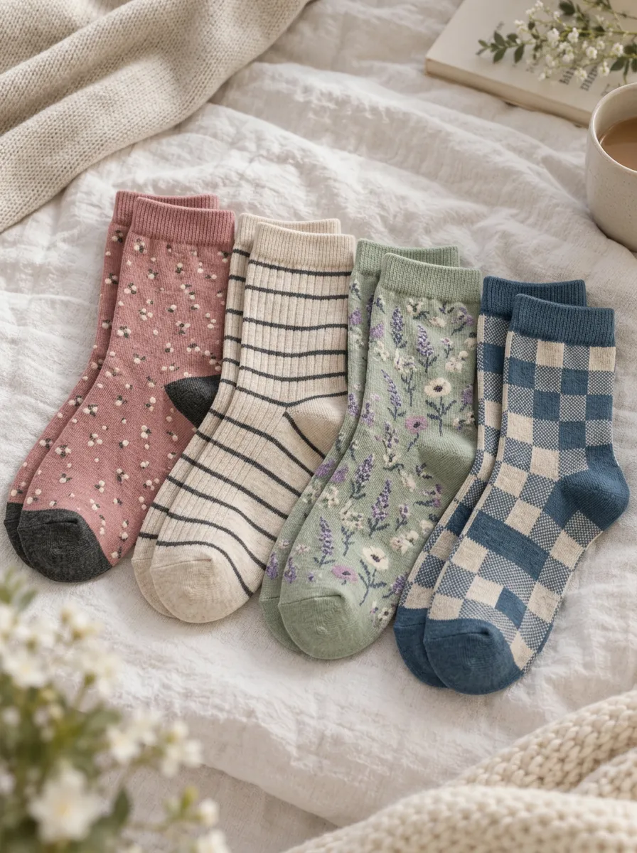 Women's Vintage Floral Striped Plaid Printed Crew Socks 4-Pack