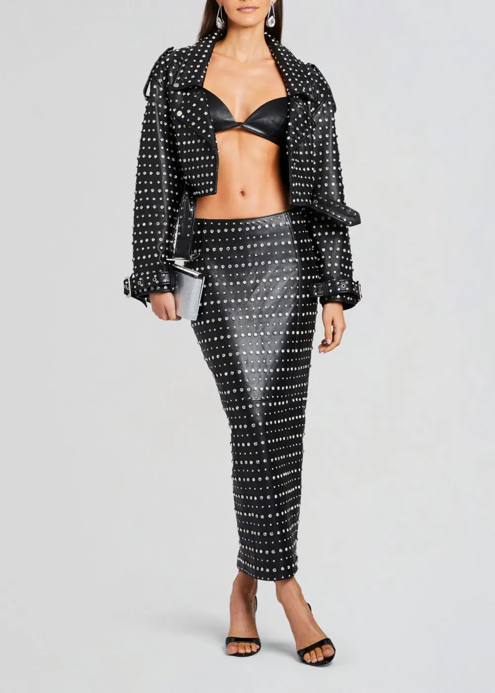 Lapel Embellished Leather Jacket