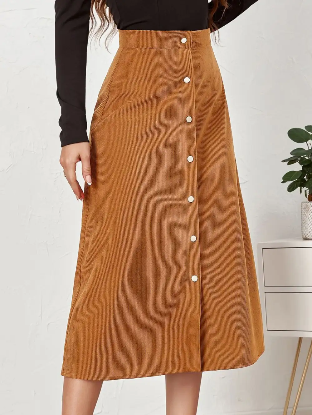 Corduroy Button Front Midi Skirt
