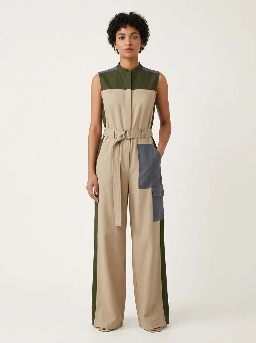 Women's Utility Colorblock Sleeveless Belted Jumpsuit