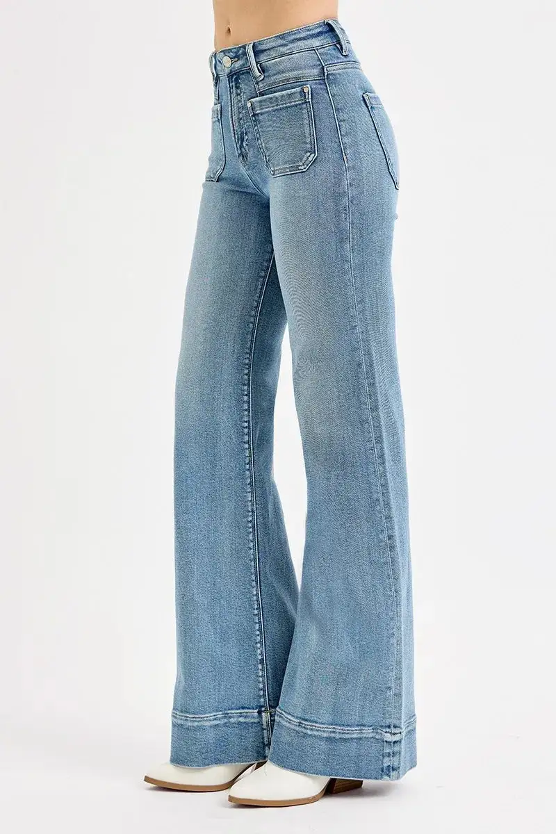 Structured High Waist Wide Leg Pocketed Denim Jeans