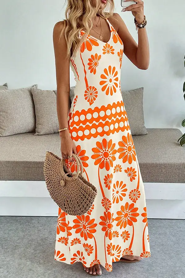 Floral Print V Neck Maxi Dress