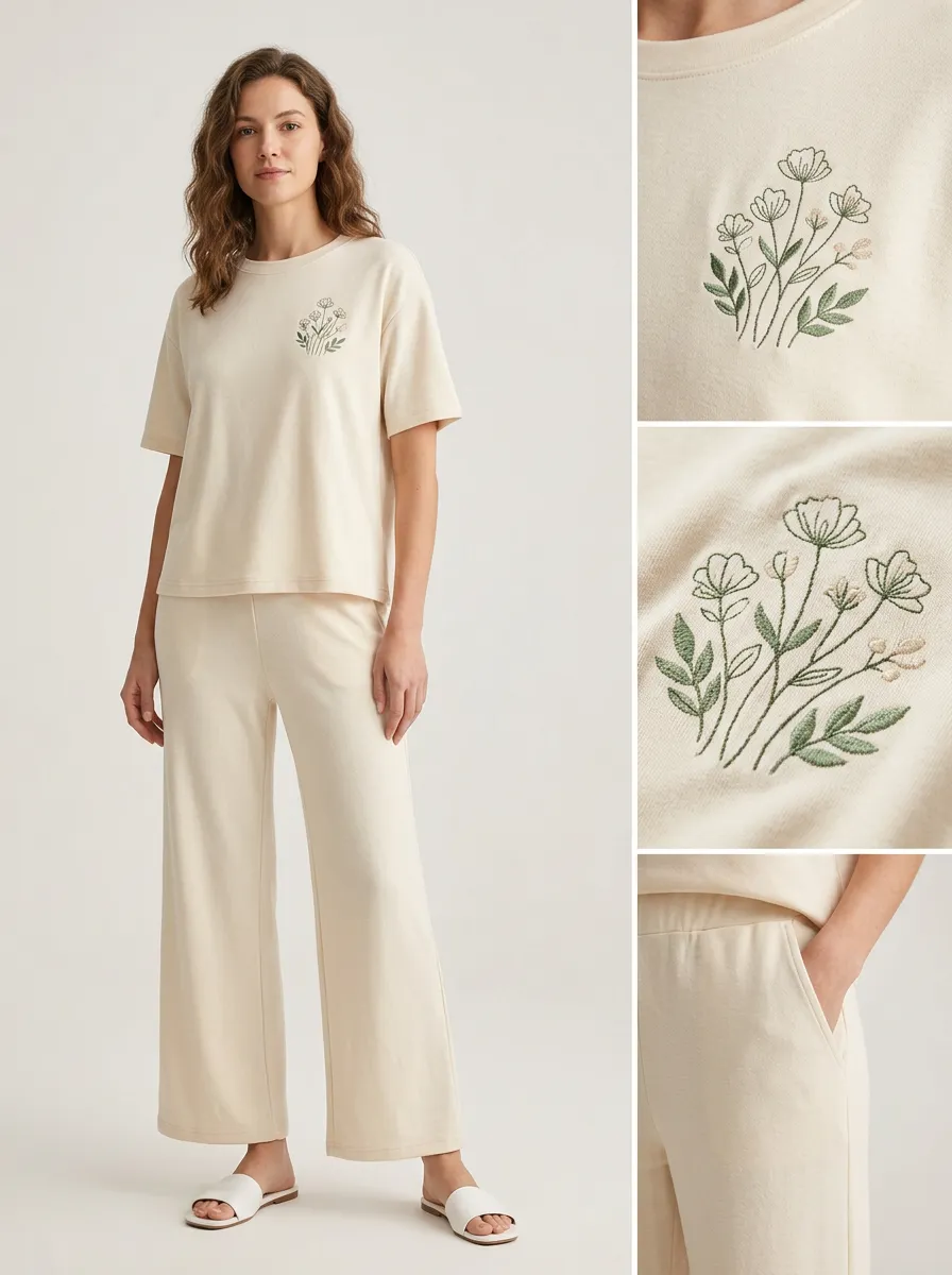 Women's Floral Embroidered Short-Sleeve Wide-Leg Lounge Set