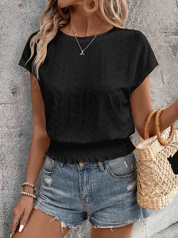 Relaxed Short Sleeve Elasticity Cutout Jacquard Round Neck T-Shirt