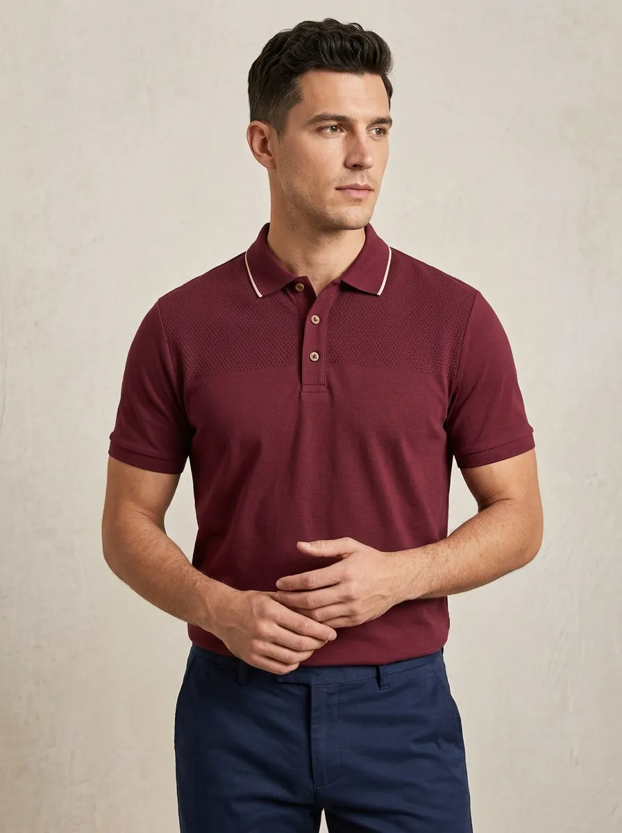 Men's Burgundy Textured Panel Contrast Trim Polo Shirt