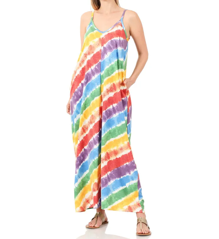 French Terry Tie Dye V Neck Cami Maxi Dress with Pockets Rainbow Stripes
