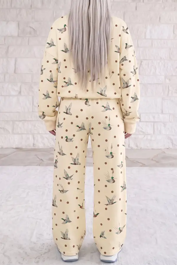 Women's Polka Dot Mallard Print Crewneck Pullover Two Piece Pants Set