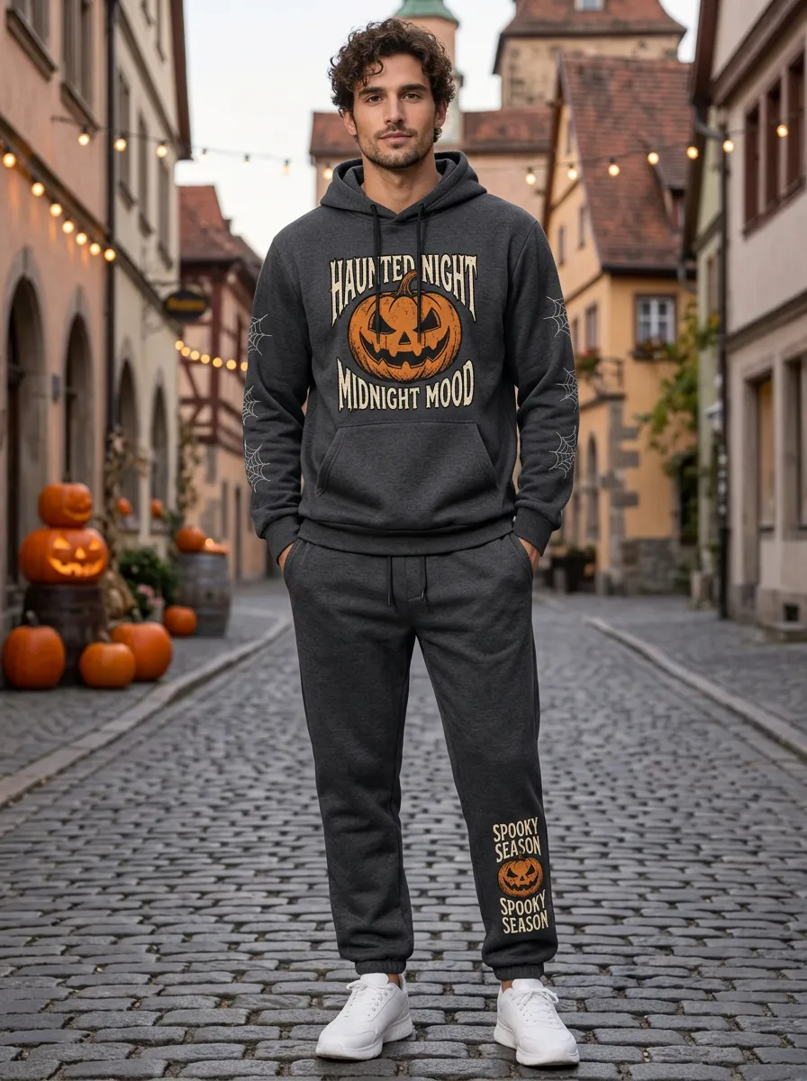 Men's Halloween Charcoal Haunted Night Pumpkin Spiderweb-Sleeve Hoodie Jogger Set