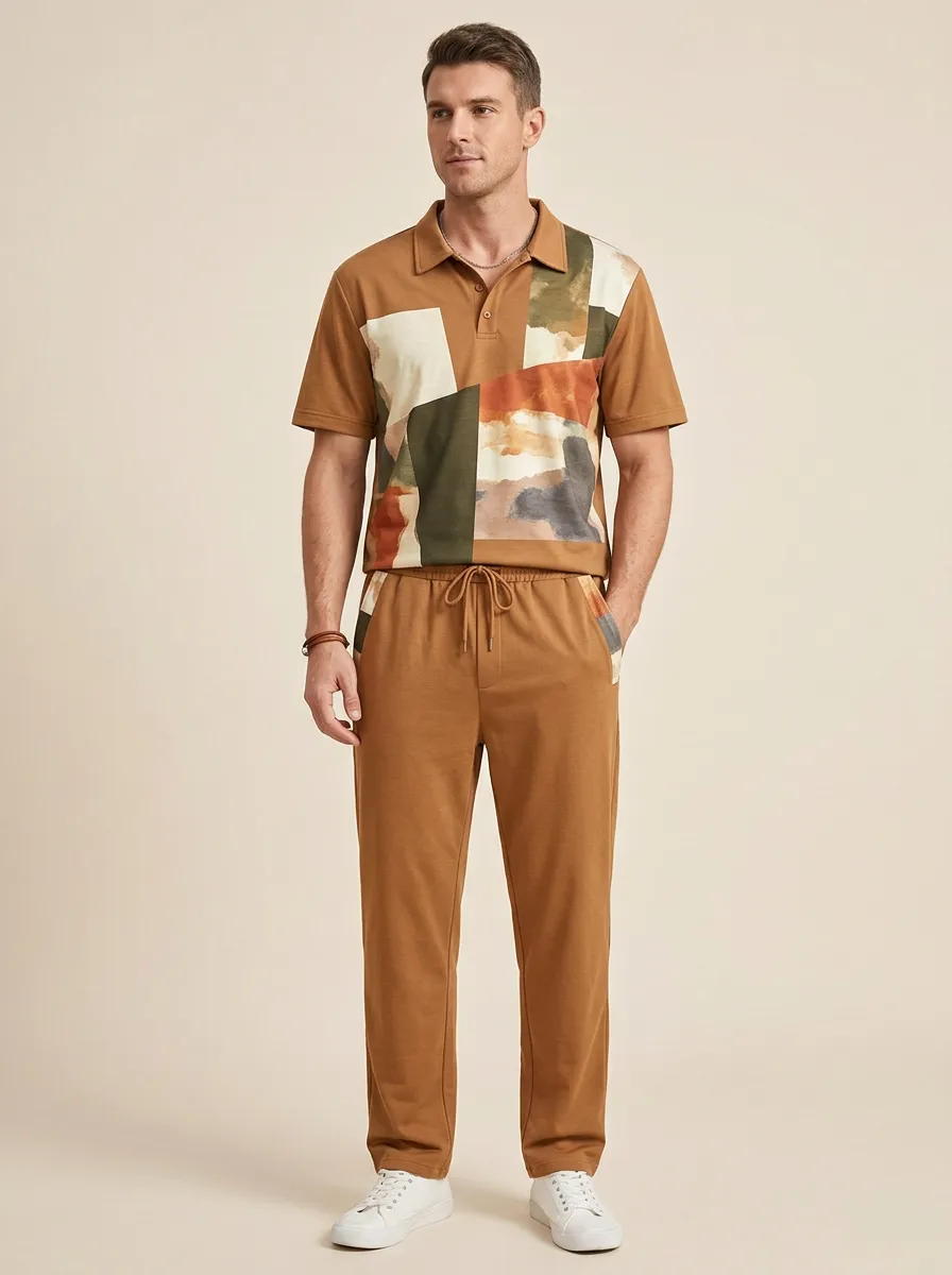 Men's Abstract Geometric Colorblock Printed Casual Set Modern Pattern