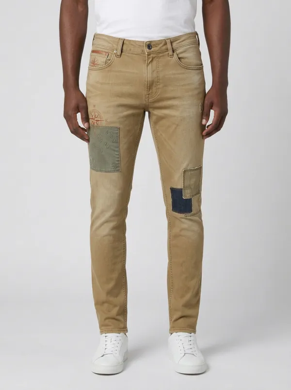 Men's Compass Patchwork Distressed Printed Slim-Fit Jeans