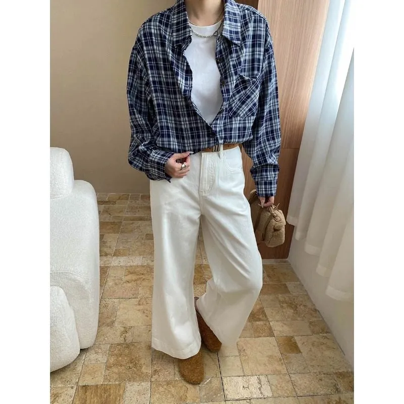 Textured Color Block Plaid Loose Fit Long Sleeve Shirt