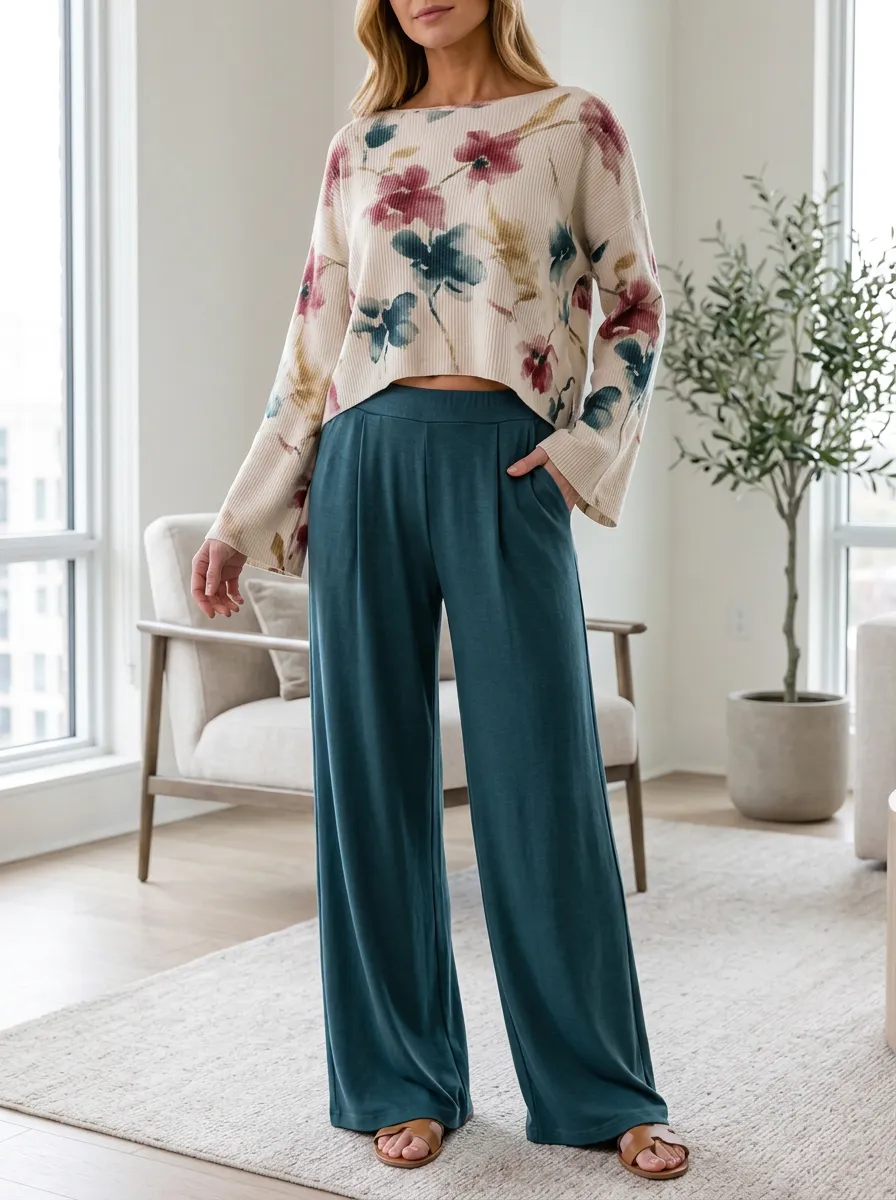 Women's Casual Floral Pattern Ribbed Patterned Wide Leg Pants Set