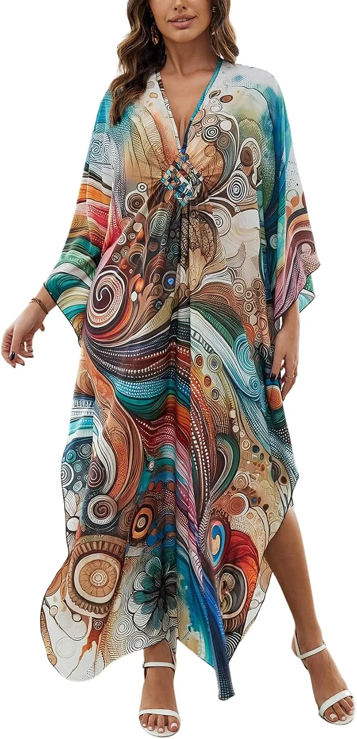 KECVOT Kaftan Dresses for Women Plus Size Batwing Sleeve Caftans Long Bathing Suit Cover Up Maxi Beach Dress Loungewear