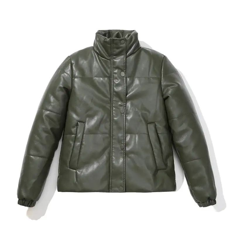 Relaxed Stand-Collar Zip-Front Faux-Leather Leather Casual Outerwear Jacket
