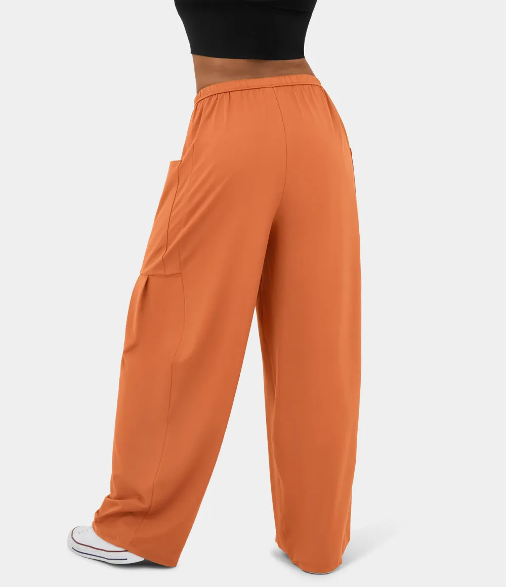 Mid Rise Elastic Waistband Drawstring Side Pocket Palazzo Flowy Wide Leg Casual Pants