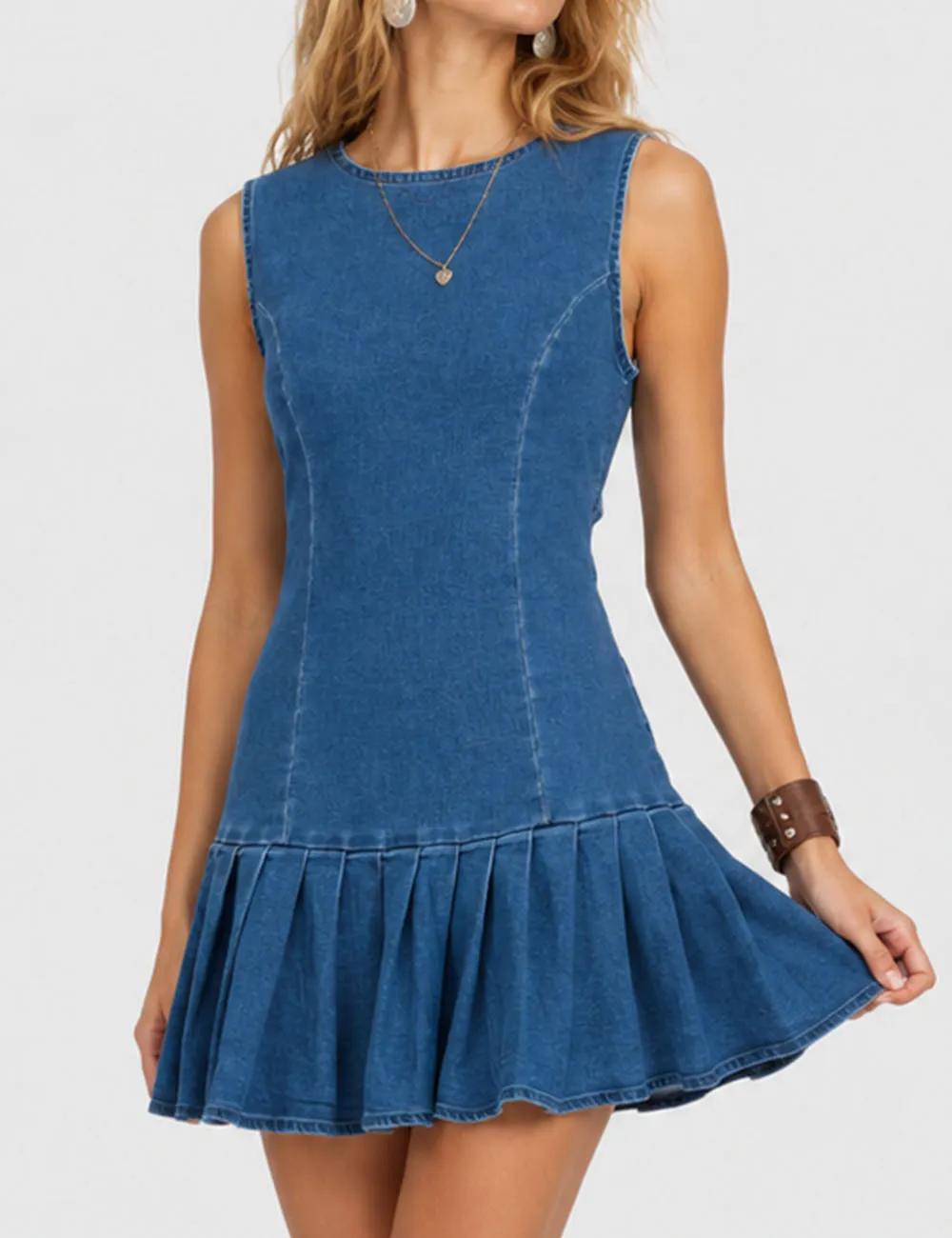 Back Pleated Sleeveless Denim Mini Dress