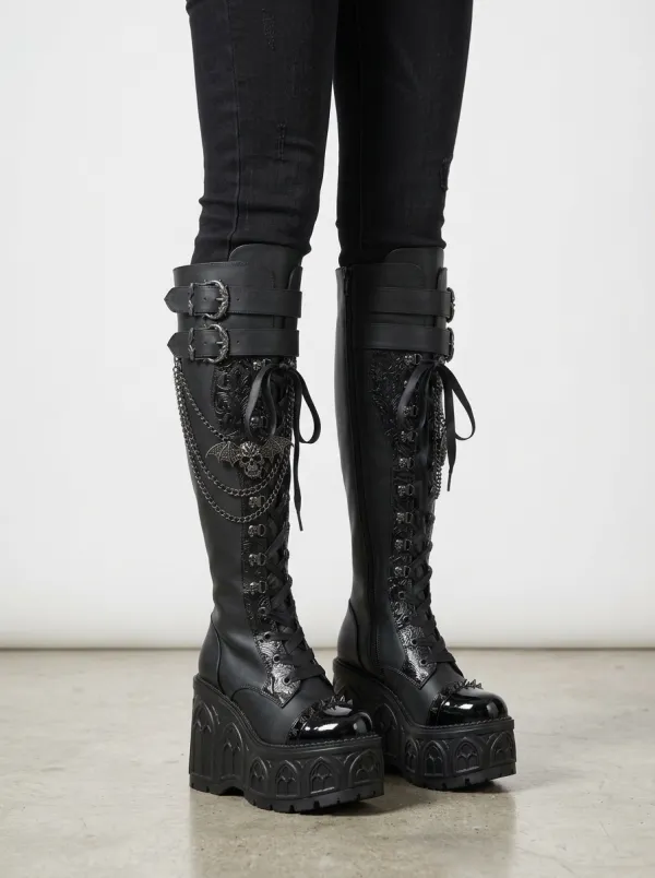 Dark Skull Bat Chain Night Look Women's Gothic Platform Knee High Boots