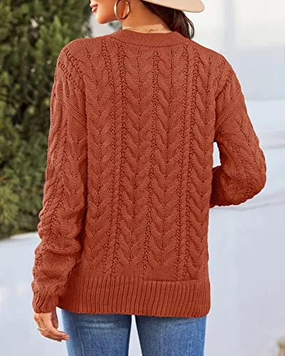 Women Loose Long Sleeve Crewneck Cable Knit Sweater Open Front Button Down Cardigan Soft Chunky Rid Outwear Coat