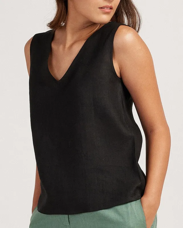 Black Linen V-Neck Tank