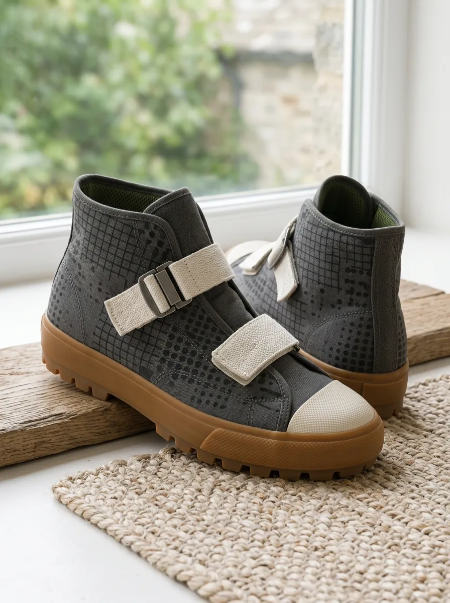 Men's Geometric Grid Pattern Printed Canvas High-Top Sneakers