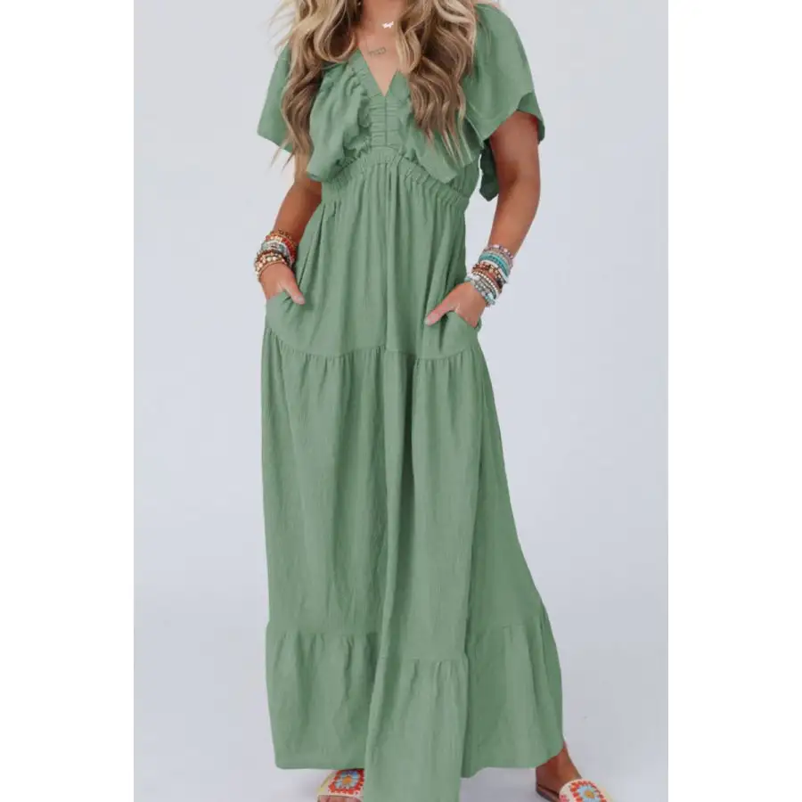 Ruffled V Neck Flutter Sleeve Maxi Dress