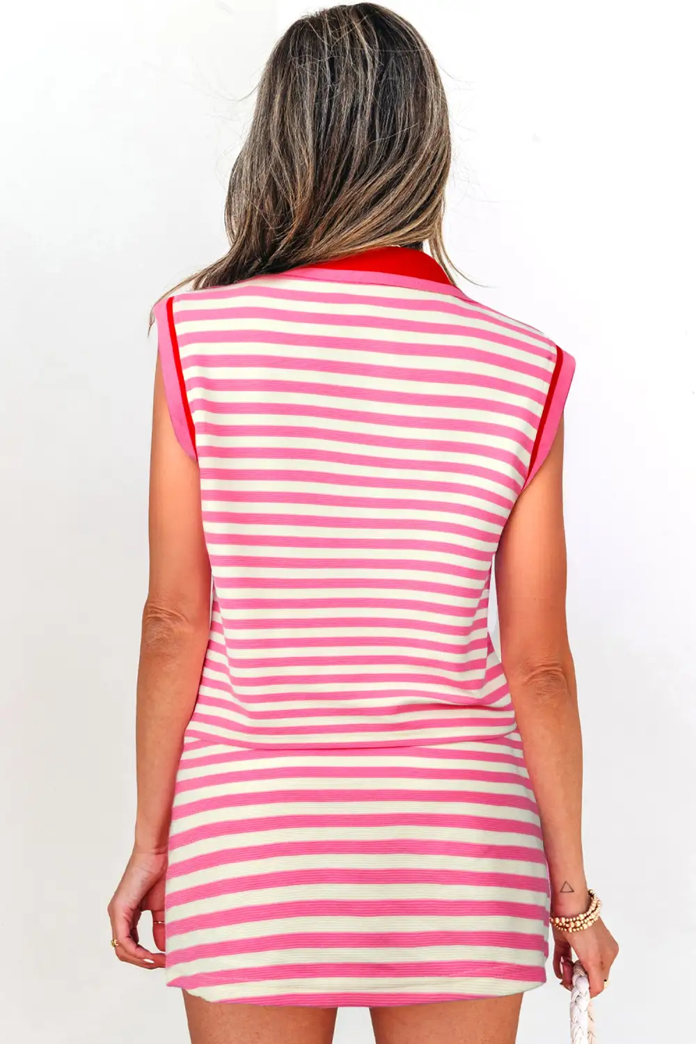 Women's Textured Stripe Print Contrast Trim Zip Collar Sleeveless Two Piece Skort Set