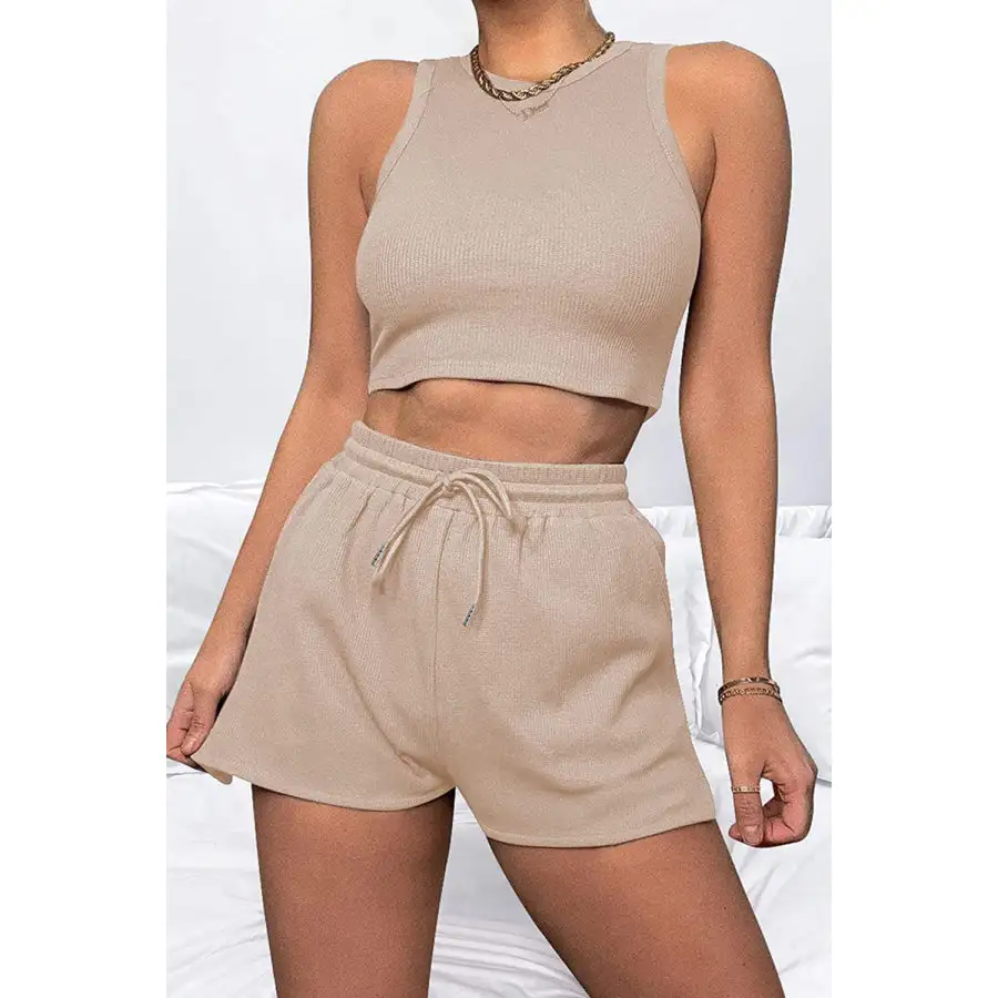 Relaxed Round Neck Top and Drawstring Shorts Set
