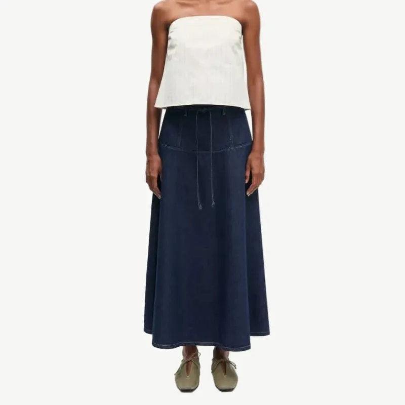 Belted Denim A-Line Midi Skirt