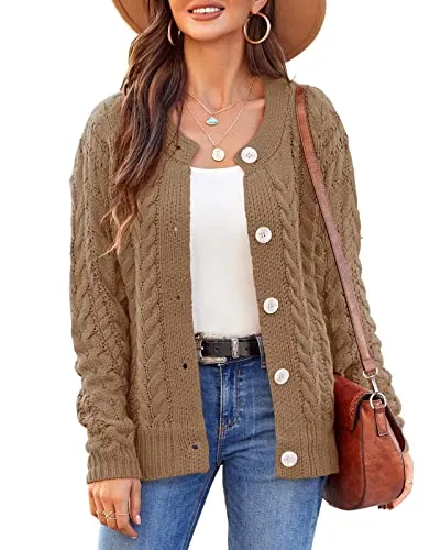 Women Loose Long Sleeve Crewneck Cable Knit Sweater Open Front Button Down Cardigan Soft Chunky Rid Outwear Coat