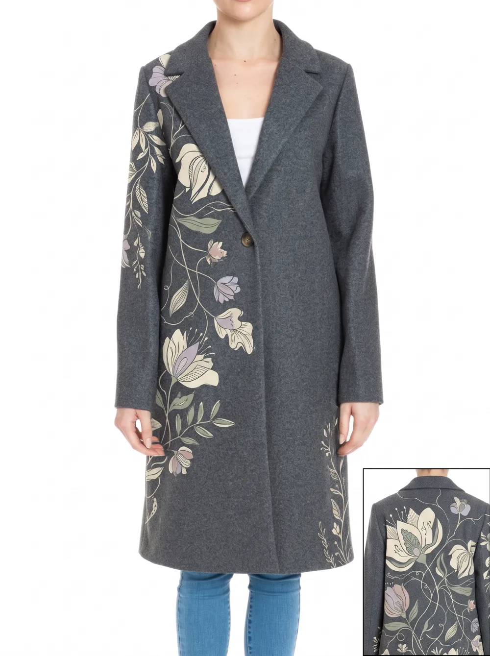 Women's Front Panel Floral Botanical Art Wool Blend Coat