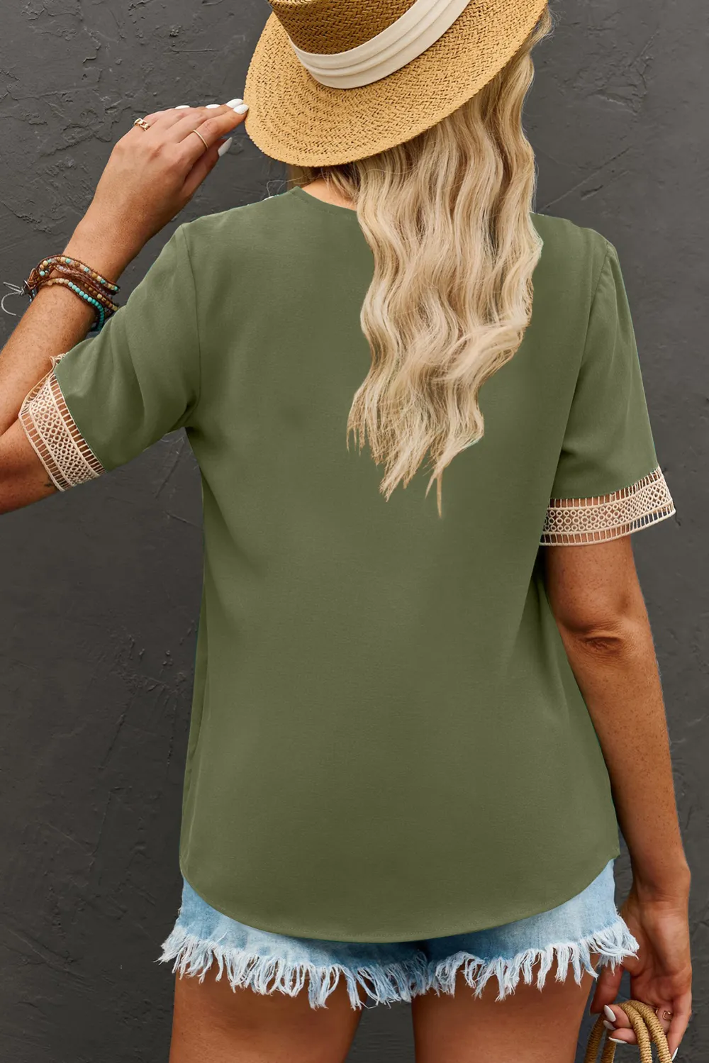 Green Lace Trim V Neck Blouse