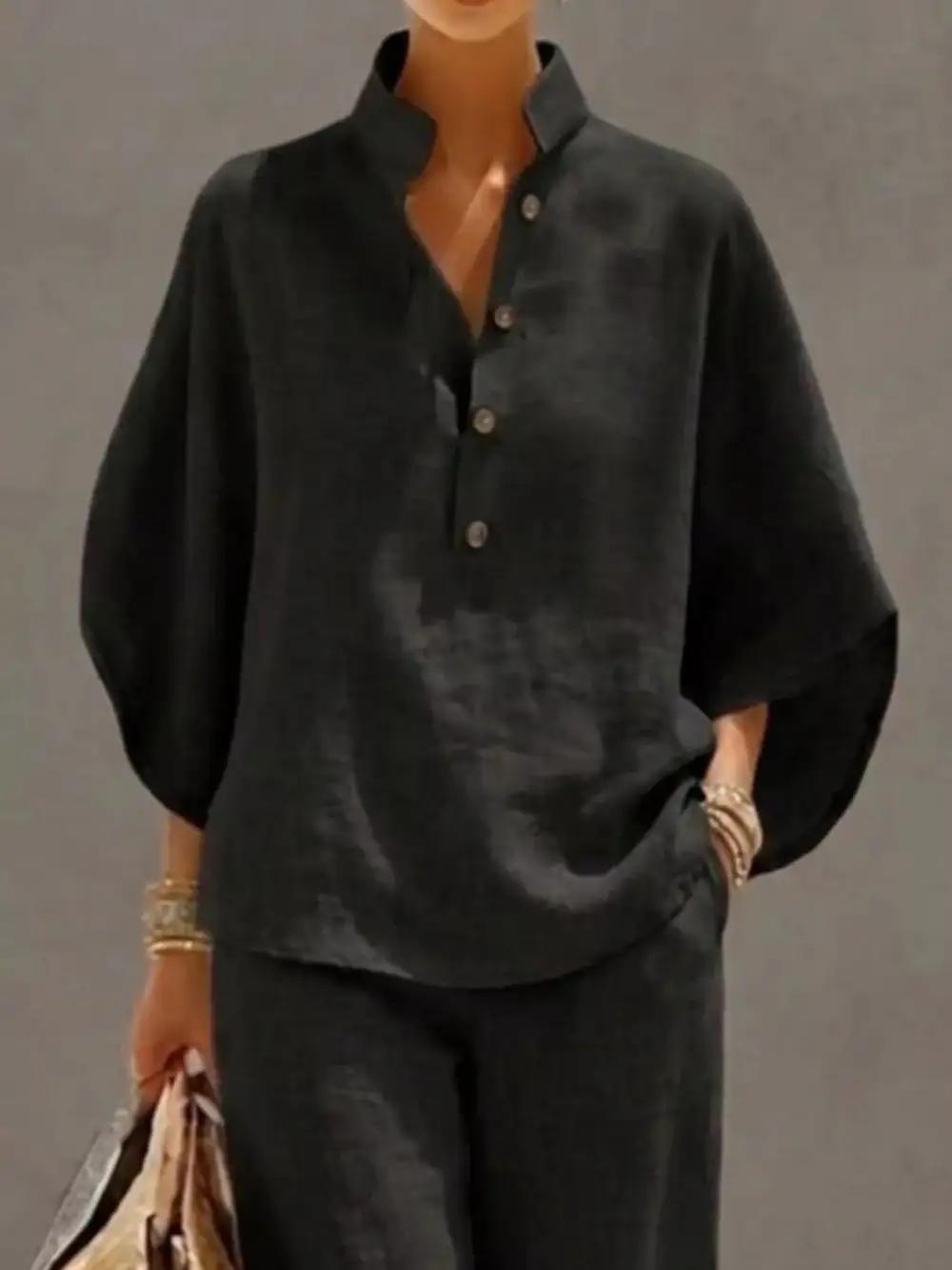 Full Size Button Detail Sleeve Top and Pants Set Plus Size