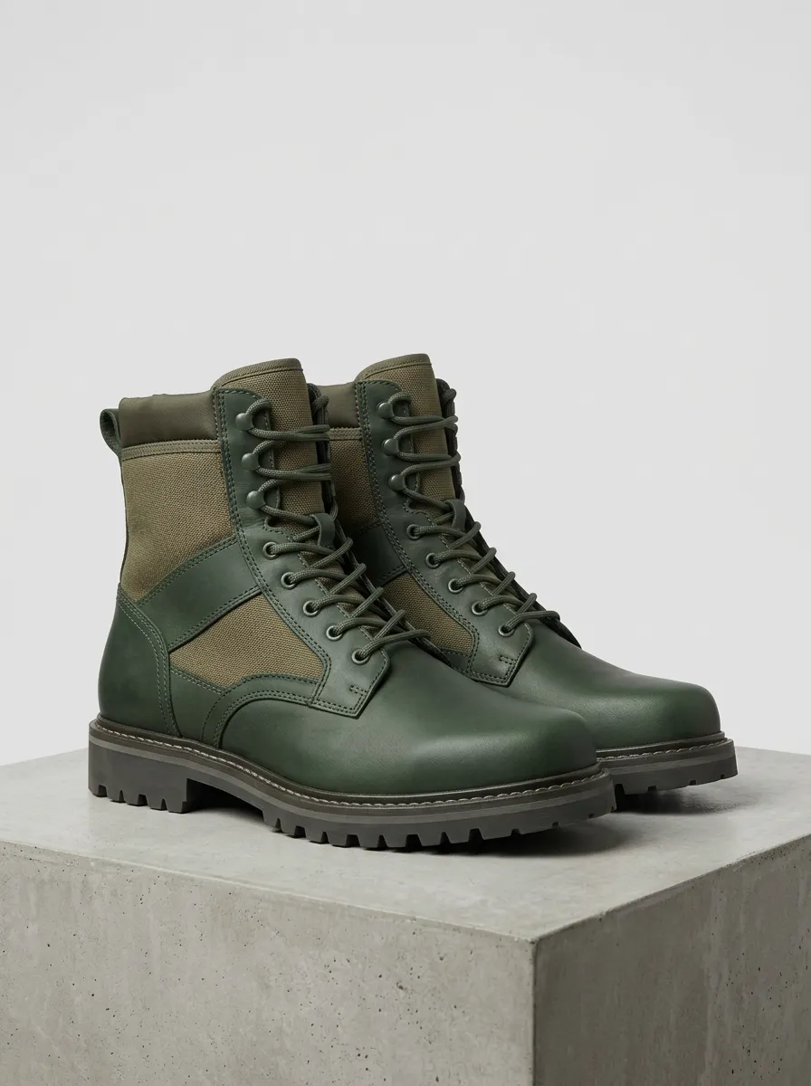 Men's Olive Green Canvas Lace Up Combat Boots with Canvas Detail