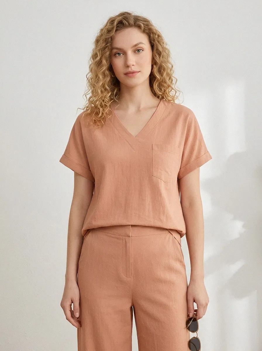 Pocket Short-Sleeve Minimalist Women's V-Neck Casual Lounge Set