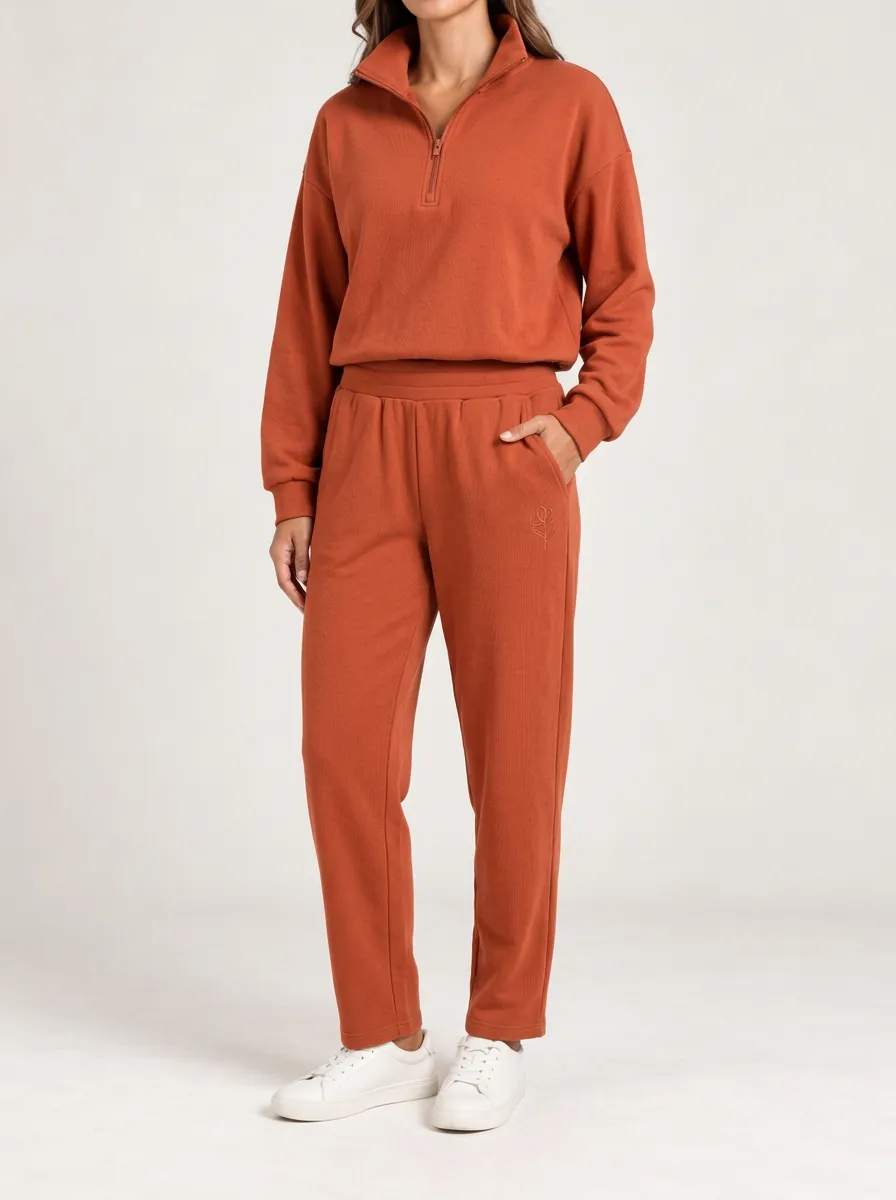 Women's Rust Rib-Knit Quarter-Zip Pullover and Straight-Leg Pants Set