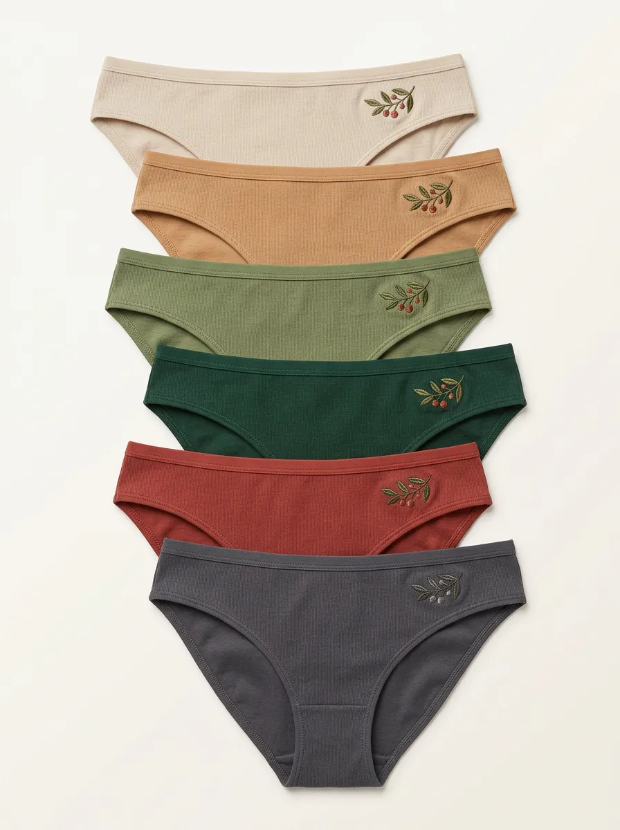 Women's Ribbed Botanical Embroidered Bikini Brief Set