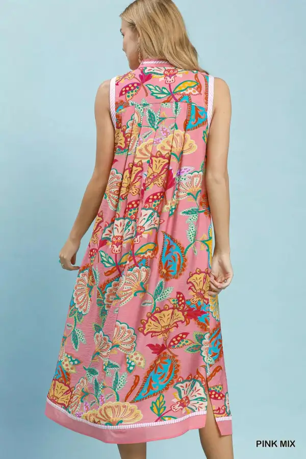 Paisley Print Sleeveless Side Slit Midi Dress